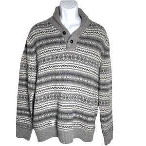 J. Crew Men’s Gray Shawl Collar 100% Lambswool Sweater with Nordic Pattern L